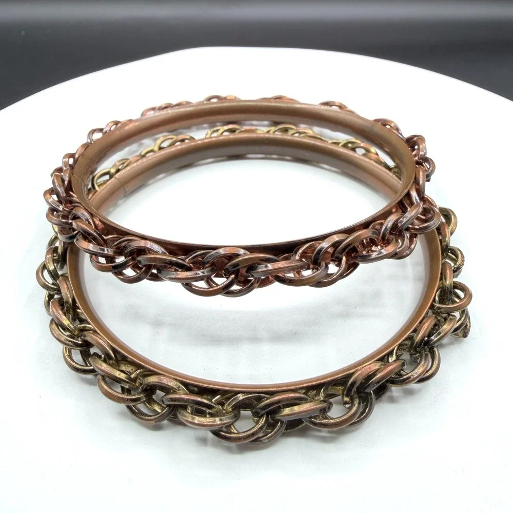 Pair Copper & Brass Tone Chain Link Bangle Bracelet Boho Stack Statement Jewelry